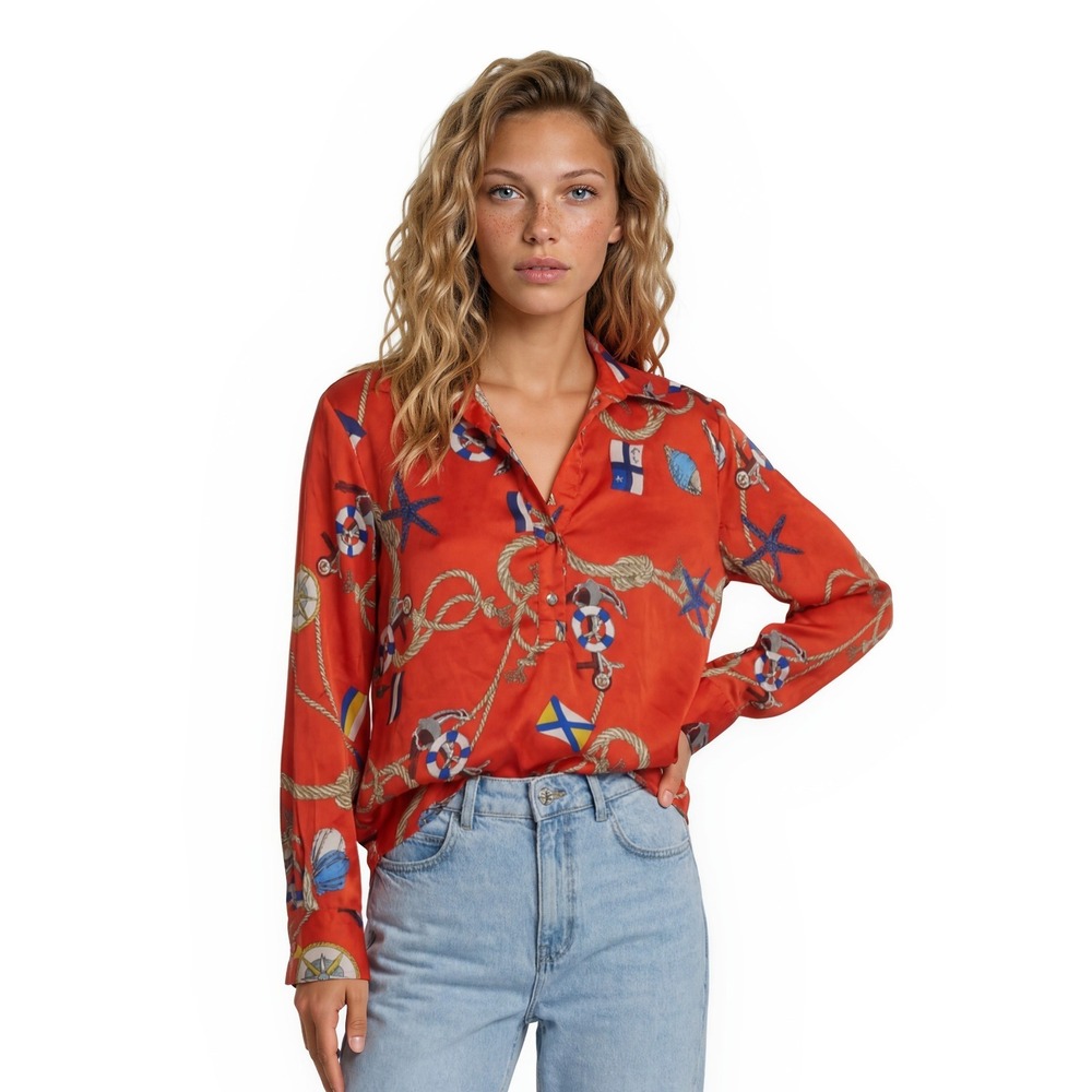 Zara Nautical Blouse Women's‎ Size XS Red Anchor Rope Long Sleeve Top Shirt